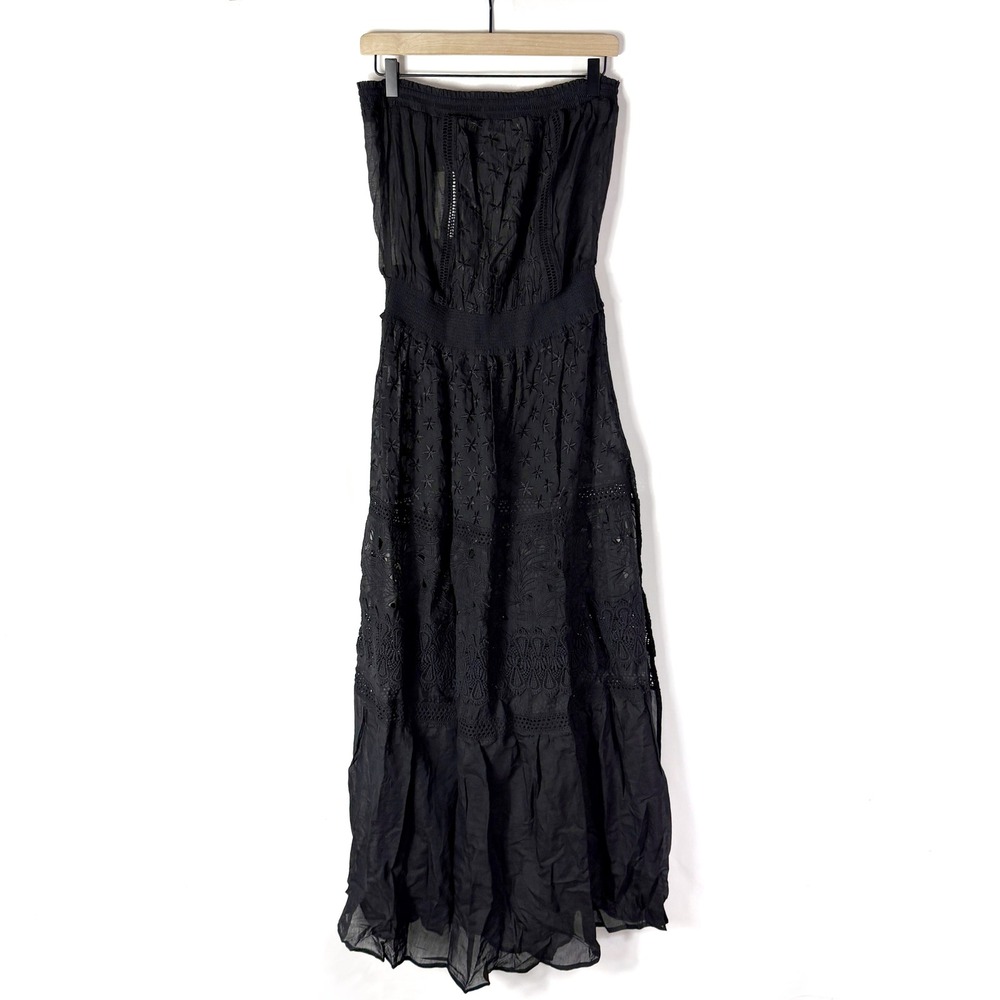 Ramy Brook Lucia Dress Black Strapless Embroidered Eyelet Cotton Silk Sz M - Picture 3 of 10